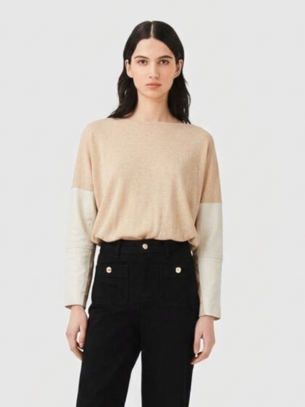 Maje "Ecureuil" Colorblock Silk-Wool Pullover Sweater with Lamb Leather Sleeves